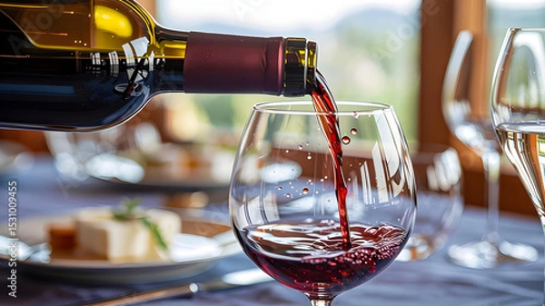 Fototapeta Close-up of red wine pouring into crystal glass with warm light and elegant atmosphere.








