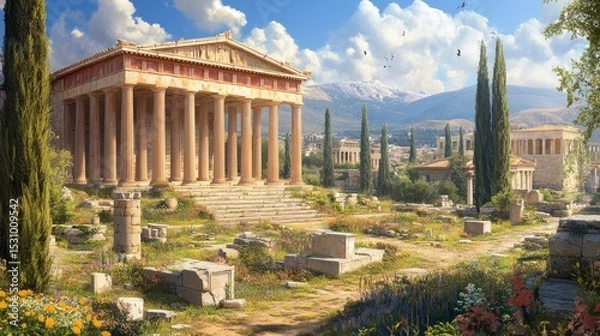 Fototapeta Ancient Greek Temple Amidst Ruins: A Digital Painting of Classical Architecture and Serenity