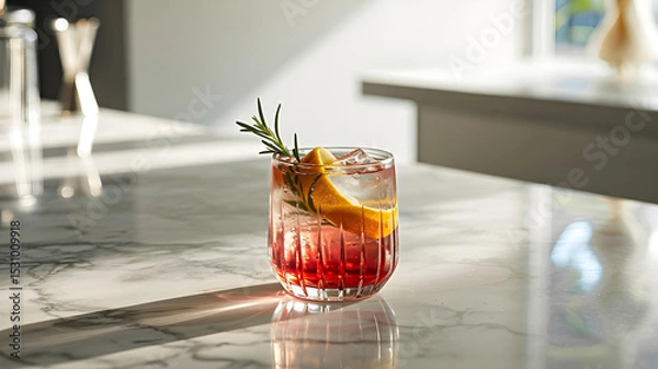 Fototapeta Elegant cocktail in crystal glass on marble, with vibrant colors and soft natural light.









