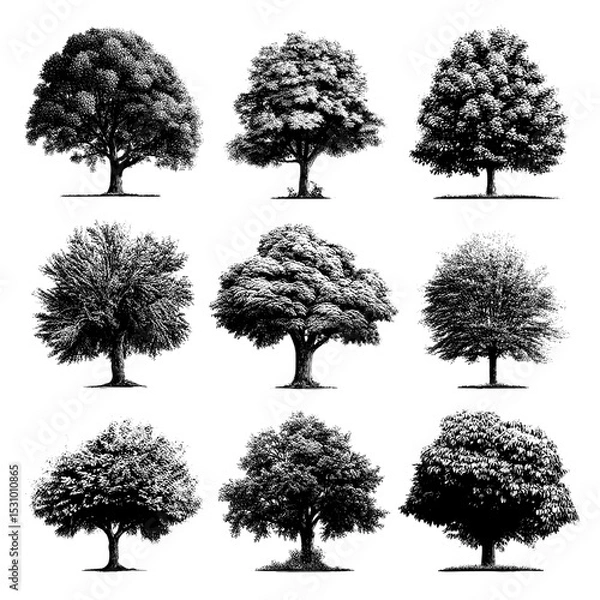 Fototapeta Collection of authentic contemporary outlines of deciduous trees set against a white backdrop