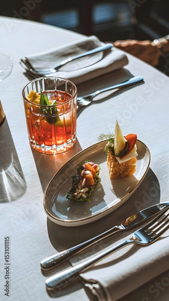 Fototapeta Elegant cocktail and gourmet appetizer on white linen, bathed in soft natural light.









