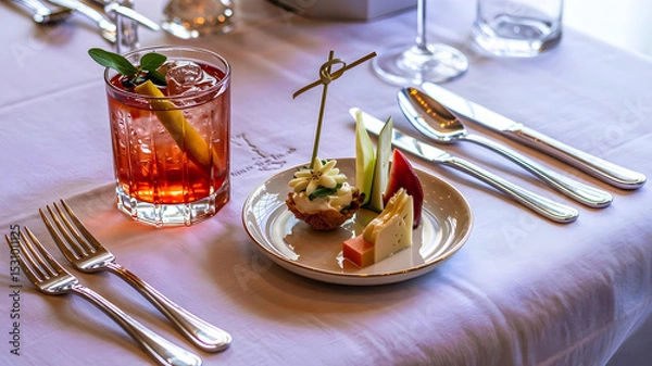Fototapeta Elegant cocktail and gourmet appetizer on white linen, bathed in soft natural light.









