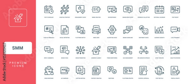 Obraz social media marketing management smm collection linear icons