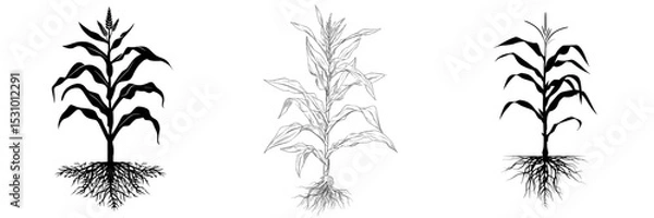 Fototapeta Isolated on a white background is the silhouette of a young corn plant, complete with its leaves and root system
