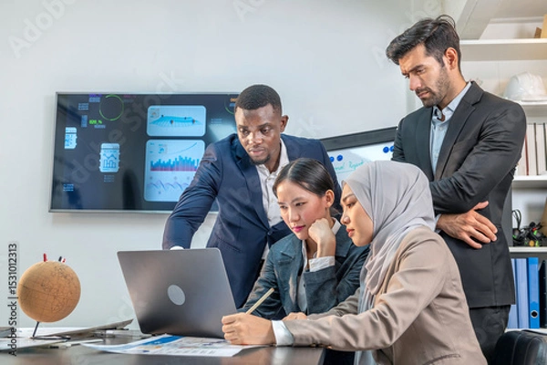 Fototapeta officer collaboration teamwork multiethnic coworkers look laptop and wait hope for win in Online auction biding in office company. multiracial office worker employee look monitor wait good news.