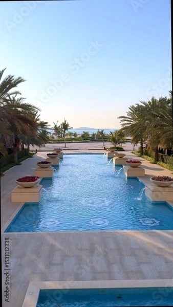 Fototapeta Infinity pool stretches toward horizon as sunlight dances across water surface, palm trees border calm area while resort reflects luxury, peace, and tropical rhythm near coastline.