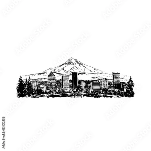 Fototapeta Portland City's skyline is featured in a horizontal banner, showcasing a black and white silhouette of the Oregon city, ideal for modern design templates