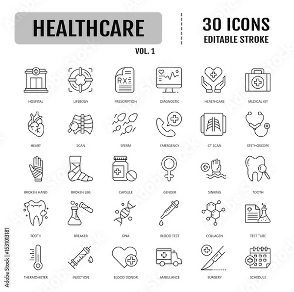 Fototapeta Healthcare line icon set. Editable stroke. Vector illustration