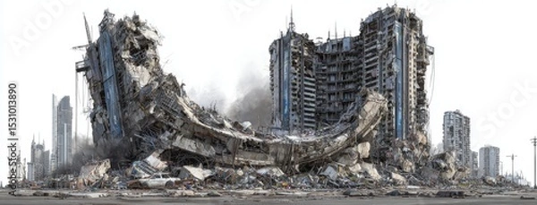 Fototapeta The image of a ruined city, with a building destroyed in the war, is presented as a 3d rendering in png format, featuring a transparent background, clip art, and cut-out elements, all set after an