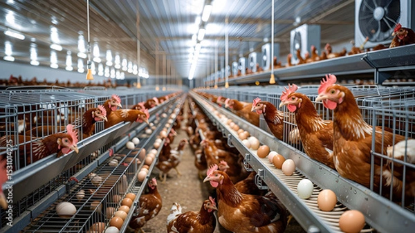Fototapeta Bright, automated egg facility with caged hens and modern conveyor systems.









