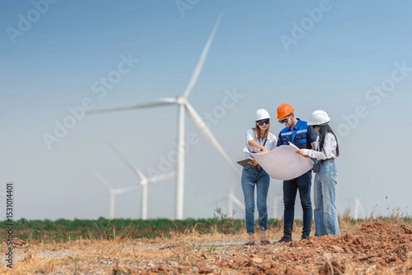 Fototapeta Three engineer people are standing in a field, looking at a large wind turbine