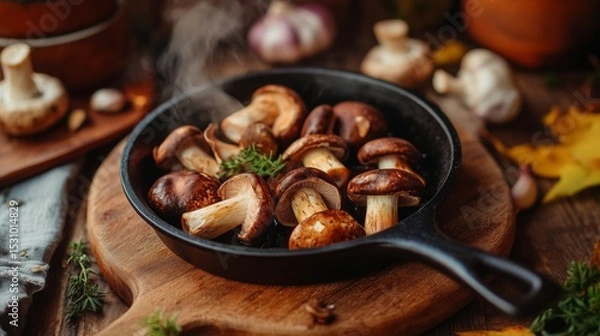 Fototapeta Mushrooms sizzling in skillet with herbs and garlic in cozy kitchen setting during autumn