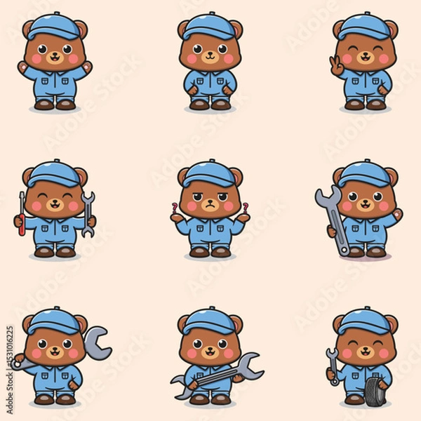 Fototapeta Vector Illustration of Bear Mechanic Cartoon Character. Mechanic Character Vector Illustration. Character animal. Mechanic Mascot.