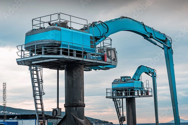 Fototapeta Two blue excavators standing on platforms in a harbor area, with cloudy sky and hills in the background