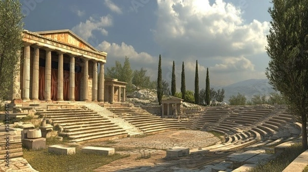 Fototapeta Ancient Greek Theater and Temple: A Digital Reconstruction of Classical Architecture