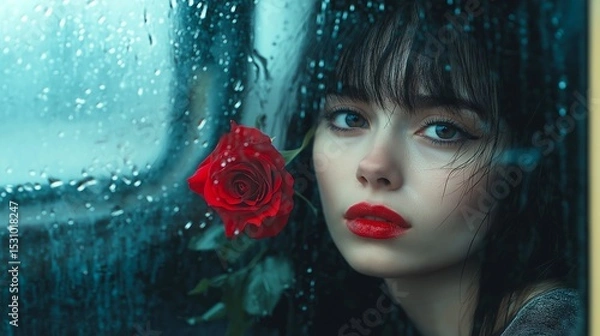 Obraz Brunette woman with red lips holds rose near rainy window with blurred background. Romantic melancholy concept