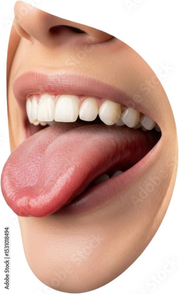 Obraz Close-up of a human mouth with tongue sticking out and touching the lips. High-resolution image ideal for concepts related to taste, expression, sensuality, or oral anatomy. Transparent background