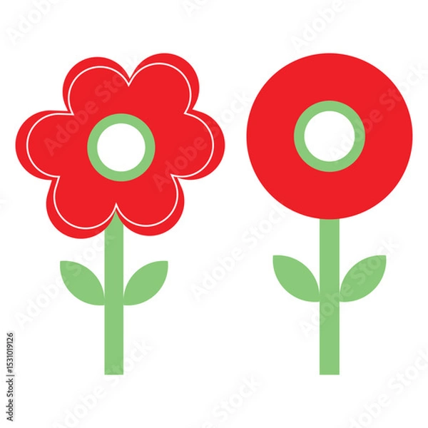 Obraz Bold Red Minimal Flower Vector – Simple Geometric Floral Design with Green Stems