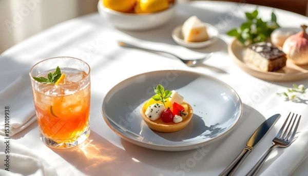 Fototapeta Elegant cocktail and gourmet appetizer on white linen, bathed in soft natural light.









