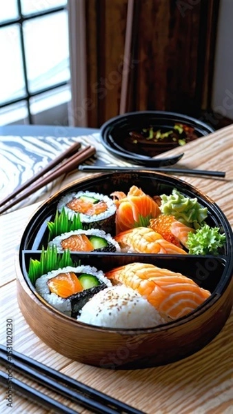 Fototapeta Wooden bento box displaying colorful sushi varieties, salmon sashimi, garnished with wasabi and soy sauce, accompanied by chopsticks on rustic wooden surface near soft window light