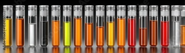 Obraz Colorful test tubes filled with various liquids showcasing chemical diversity in a laboratory setting.