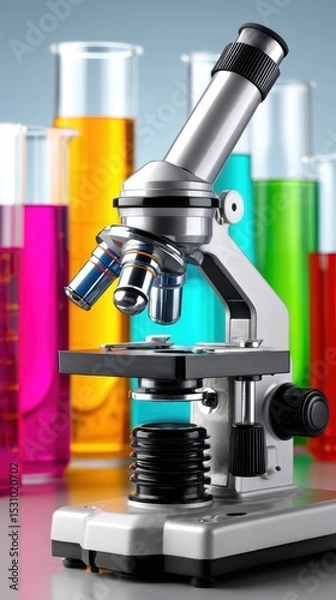 Obraz A detailed microscope examining colorful liquids in test tubes highlighting scientific exploration.