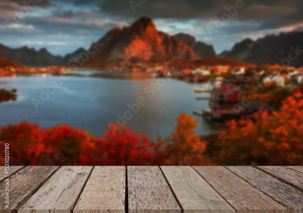 Fototapeta Wooden table top on blur stream water and forest natural background in lagoon or river.For montage product display or design key visual layout.view of copy space.