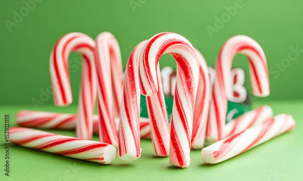 Fototapeta Festive close-up of several candy canes standing upright against a green background, perfect for Christmas or holiday themes.