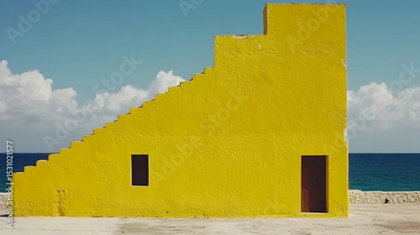 Fototapeta Vibrant yellow coastal structure resembling a stairway to the sea under a bright blue sky.  A unique architectural design against a serene ocean backdrop.