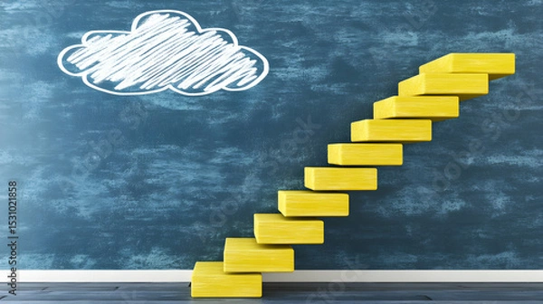 Fototapeta Yellow staircase leading to a chalk cloud drawing on a blue textured wall.  Concept of achieving goals, ideas, and aspirations.