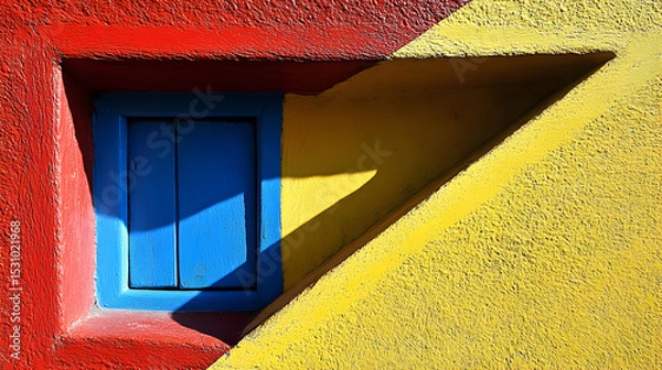Fototapeta Abstract image of a vibrant blue window set against a backdrop of bold red and yellow stucco.  The contrasting colors and geometric shapes create a visually striking composition.