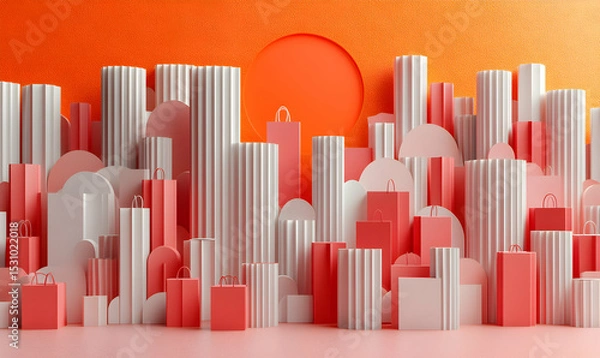 Fototapeta Abstract shopping city scene with coral and white shopping bags and columns against an orange background. Ideal for retail, e-commerce, and marketing campaigns.