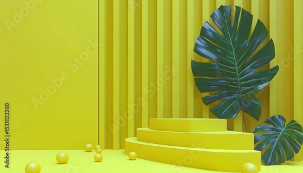 Fototapeta Vibrant yellow 3D rendering featuring a circular platform, tropical monstera leaves, and yellow spheres, creating a modern, minimalist, and visually striking scene.