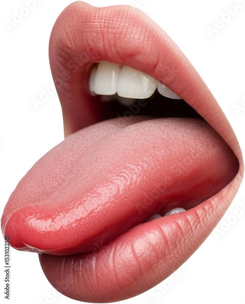 Obraz Close-up of a human mouth with tongue sticking out and touching the lips. High-resolution image ideal for concepts related to taste, expression, sensuality, or oral anatomy. Transparent background