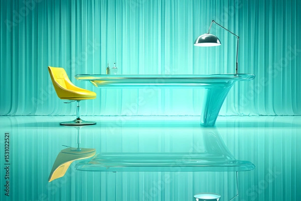 Fototapeta Modern minimalist office interior with a transparent glass desk, yellow chair, and turquoise curtains.  Stylish and sophisticated workspace.