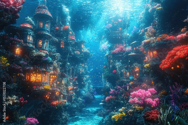 Fototapeta A fabulous underwater kingdom with castles and vibrant coral reefs. Generated by artificial intelligence