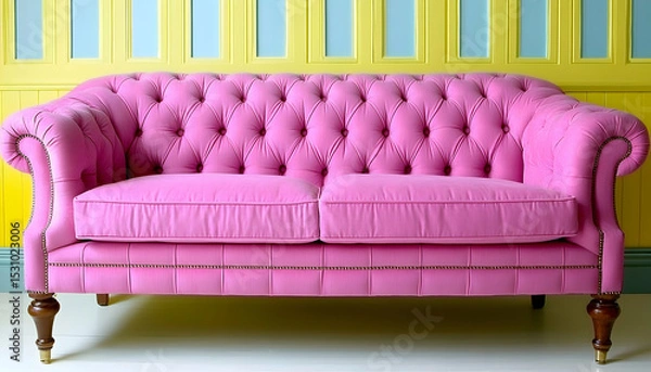 Fototapeta Vibrant pink Chesterfield sofa against a yellow and blue wall. Perfect for adding a pop of color to interior design projects.