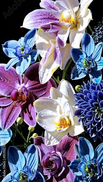 Fototapeta Close up of a colorful floral arrangement featuring orchids, delphiniums, and dahlias, glistening with water droplets against a dark background, creating a vibrant and refreshing display