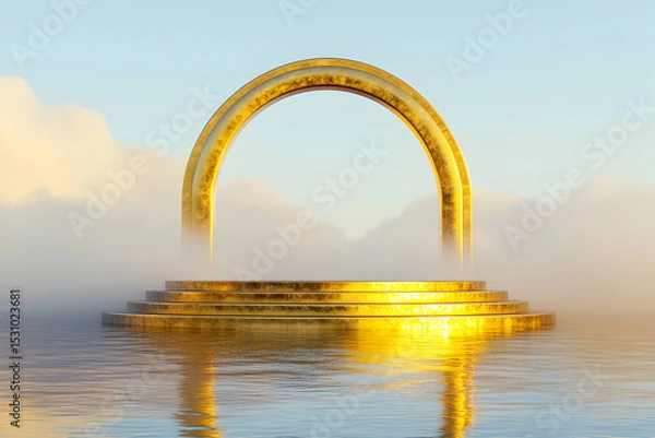 Fototapeta Golden archway and tiered platform emerging from ethereal mist above calm water, reflecting sunlight, creating a serene and mystical scene.