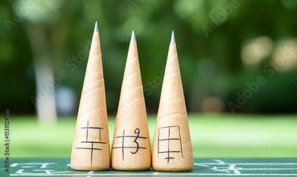 Fototapeta Three wooden skittles with numbers and symbols, set against a blurred green background. Perfect for games, strategy, or outdoor concepts.