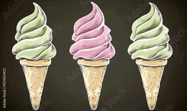 Fototapeta Delicious hand-drawn ice cream cones in pistachio, strawberry, and matcha flavors, illustrated on a chalkboard background; perfect for summer menus, advertisements, or food blogs.