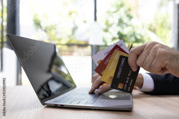 Fototapeta A man is using a laptop and a cell phone to pay for something. He is holding a credit card and a debit card
