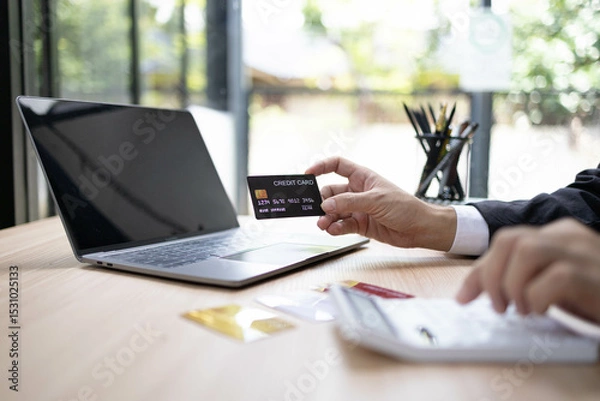 Fototapeta A man is using a laptop and a cell phone to pay for something. He is holding a credit card and a debit card
