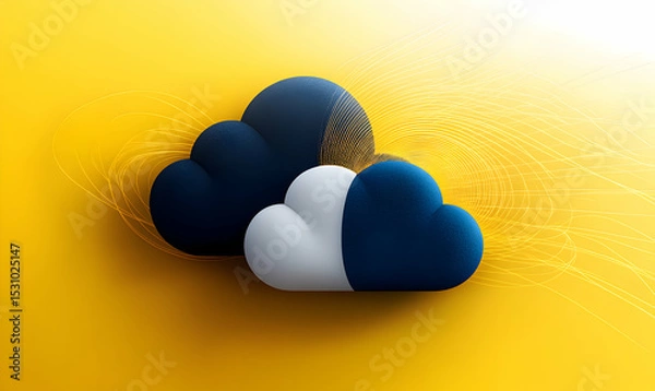 Fototapeta Abstract cloud computing concept, stylized 3D clouds on yellow background, representing data transfer and network connectivity.