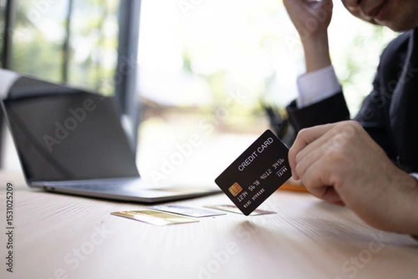 Fototapeta A man is using a laptop and a cell phone to pay for something. He is holding a credit card and a debit card
