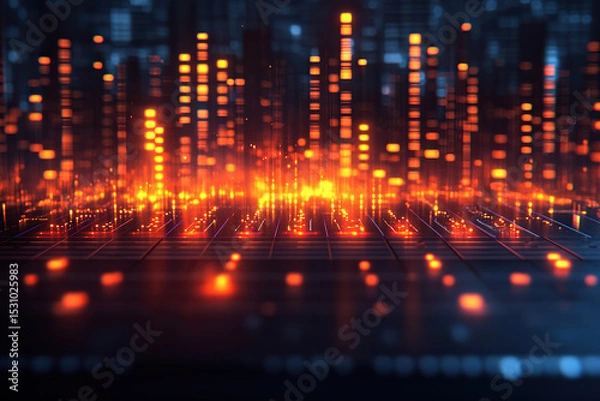 Fototapeta Analog and digital audio signal, music equalizer. Bright LED display of audio equalizer in motion. Blurred sound background