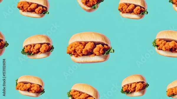 Fototapeta Delicious crispy chicken sandwiches arranged in a vibrant, repeating pattern against a turquoise backdrop. Perfect for food blogs, menus, and advertising.
