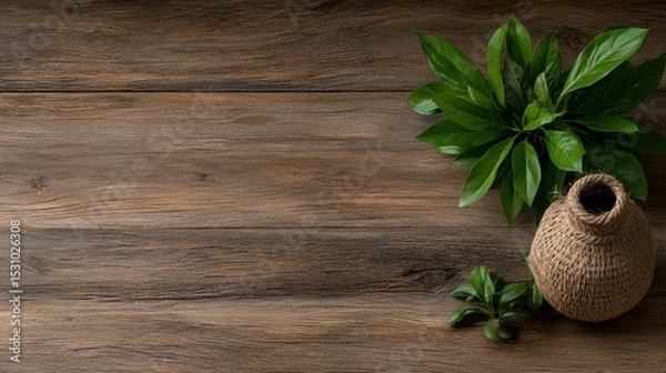 Fototapeta A Beautiful Single Plant in a Vase on a Rustic Wooden Table for Your Home Decor Inspiration