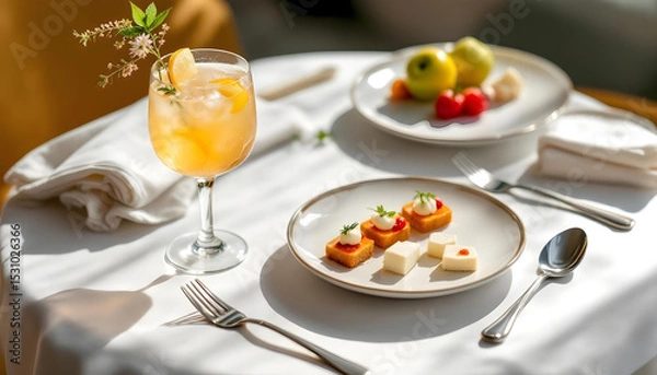 Fototapeta Elegant cocktail and gourmet appetizer on white linen, bathed in soft natural light.









