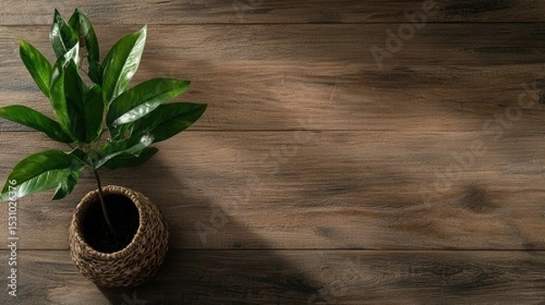 Fototapeta A Beautiful Green Plant in a Basket Perfectly Placed on a Wooden Floor with Text Space Available